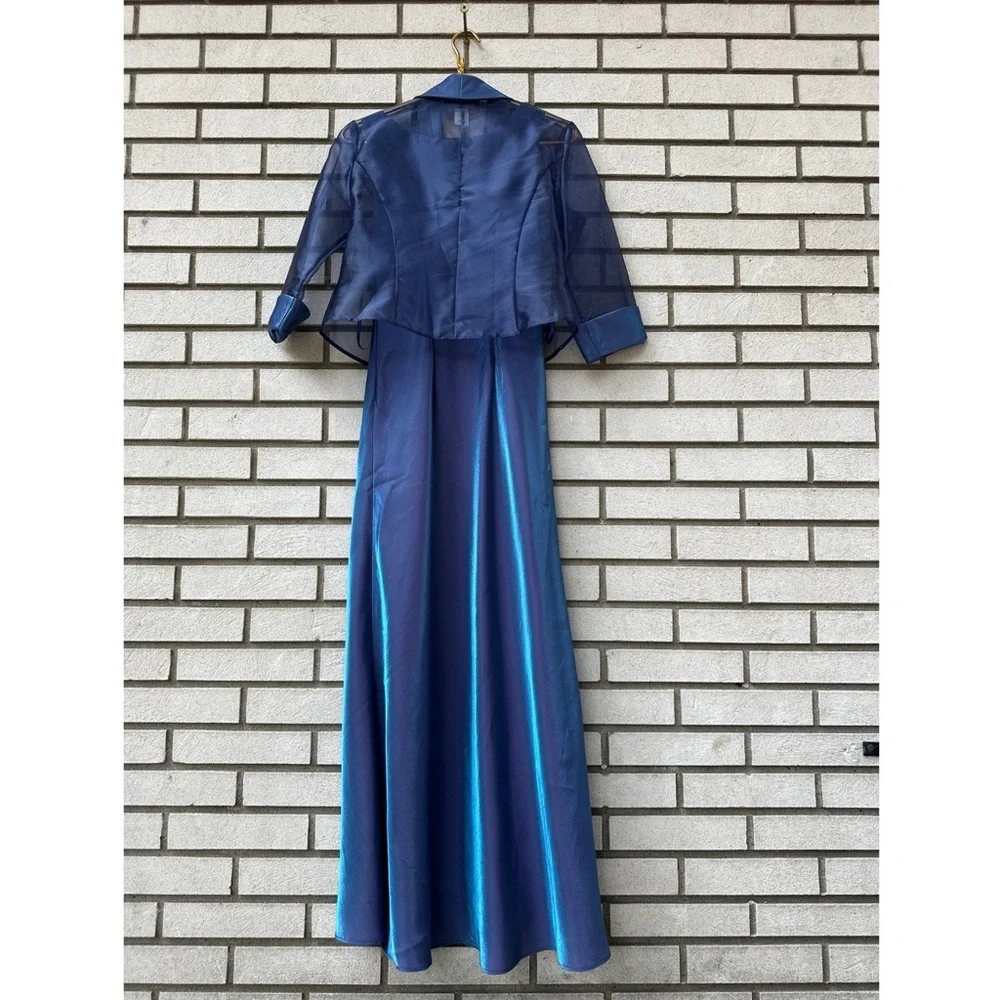 Alex Evenings Petite 8P Blue Maxi Dress Sheer Jacket Formal Rhinestone Set - Picture 2 of 9